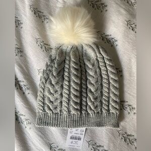 J. Crew Gray Cable Knit Beanie with White Pom Pom